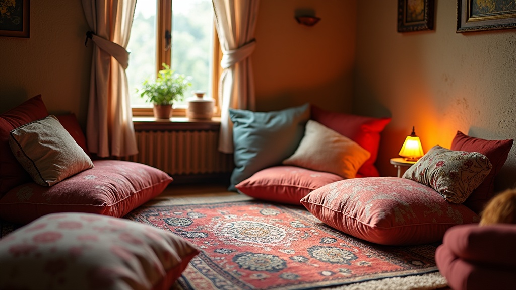 A cozy, colorful space with books and natural light, items like soft cushions, a simple lamp, and a decorative rug. There are objects that suggest a peaceful, inviting environment.