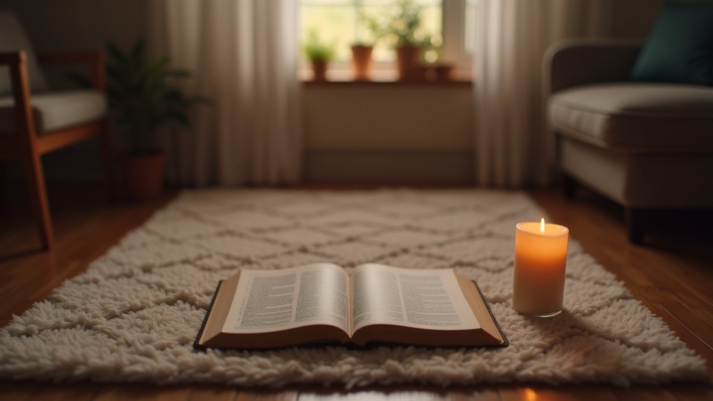 A peaceful living room with a cozy rug, open Bible, and a flickering candle on a low table, inviting a tranquil family prayer atmosphere.