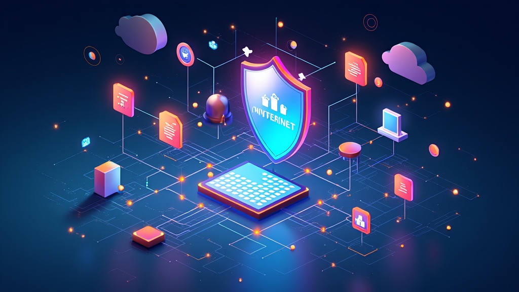 colorful illustrian featuring symbols of the internet like a shield magnifying glass and computer icons set in a friendly digital landscape