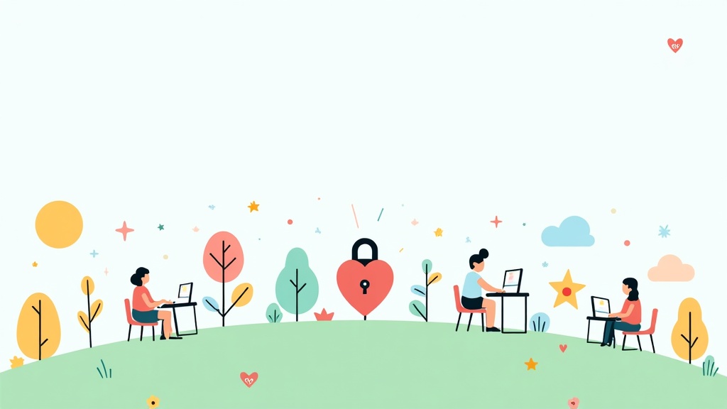 Illustration of a digital landscape with icons representing safe internet practices for children, such as shields, locks, and computers under a starry sky.