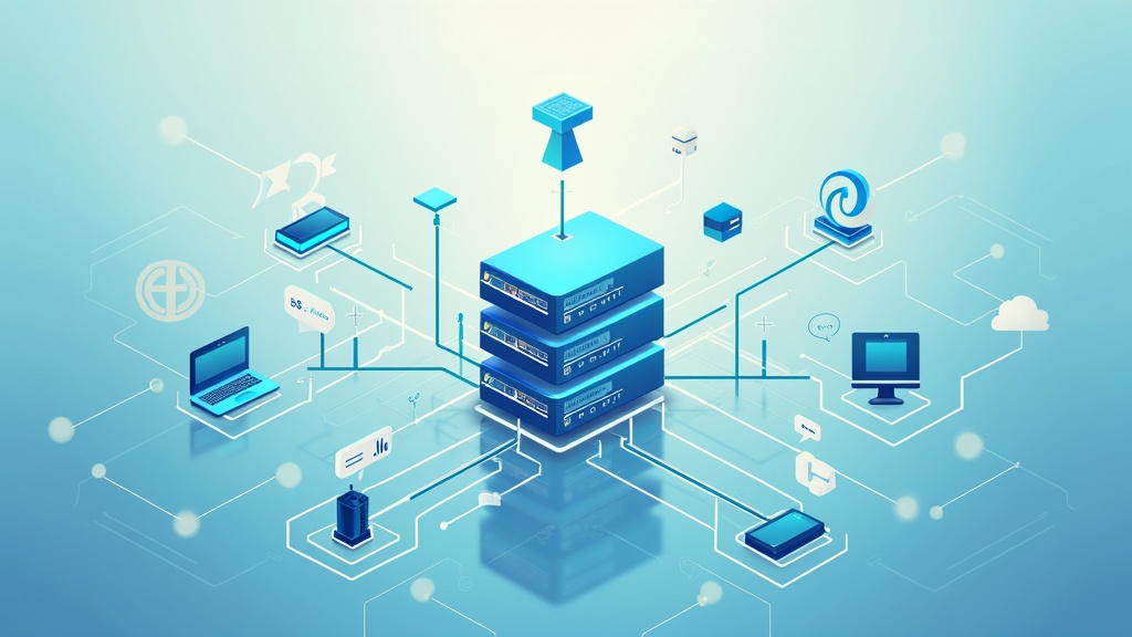 Stylized illustration connecting technology and symbols of different faiths